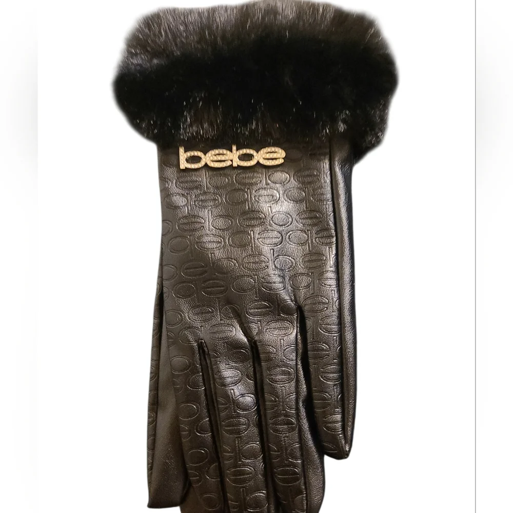 Bebe Black Faux Leather and Fur Trim Gloves - OSFM